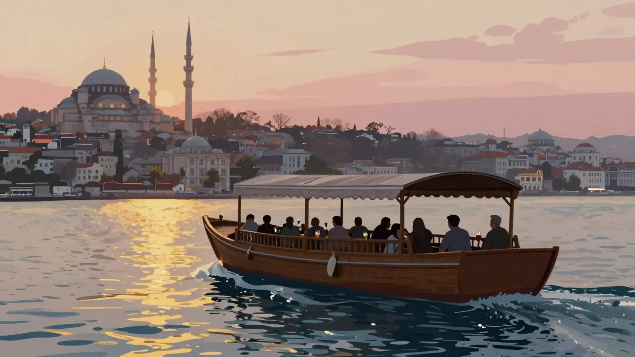A wooden boat bar drifting along the Bosphorus at sunset, with illuminated palaces and mosques in the background.