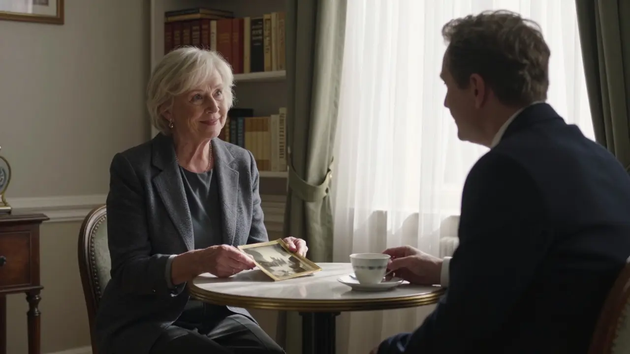 An elderly woman shares a photo with a listener over tea in a cozy London flat, sunlight filtering through curtains.
