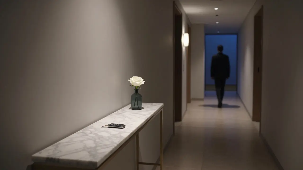 An empty hotel hallway with a keycard and white rose, evoking solitude and discreet encounters.