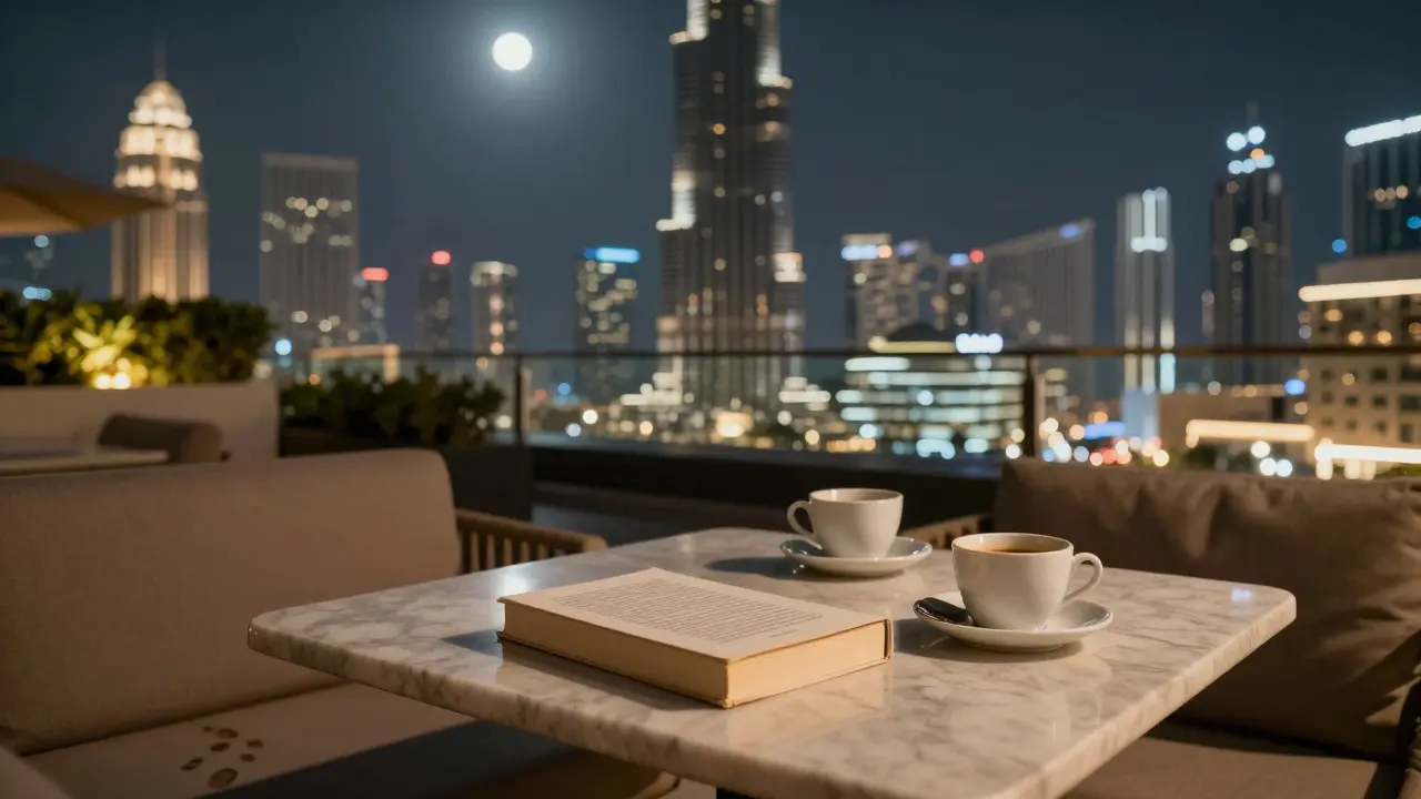 An empty rooftop table in Dubai with a book and coffee cups, the Burj Khalifa glowing softly in the distance.