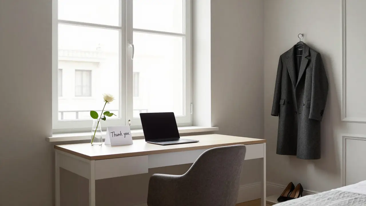 An empty yet thoughtful apartment interior with a rose and handwritten note, symbolizing a respectful farewell.