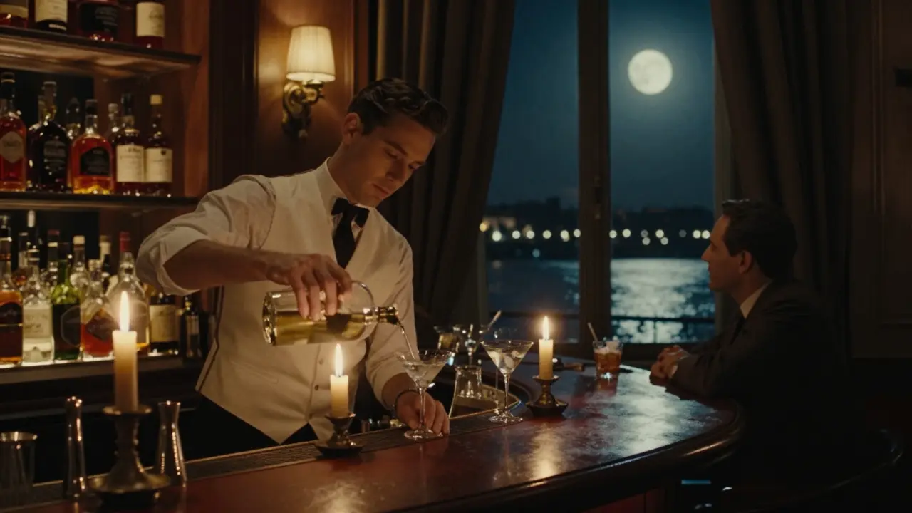 An intimate bar with candlelight and rare spirits, a bartender pouring a martini as a guest gazes at the harbor.