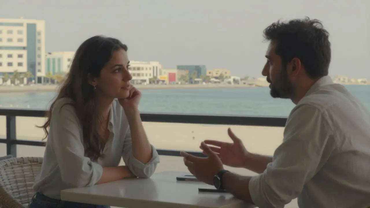 An intimate moment at a seaside café in Saadiyat Island, two people deeply engaged in conversation.