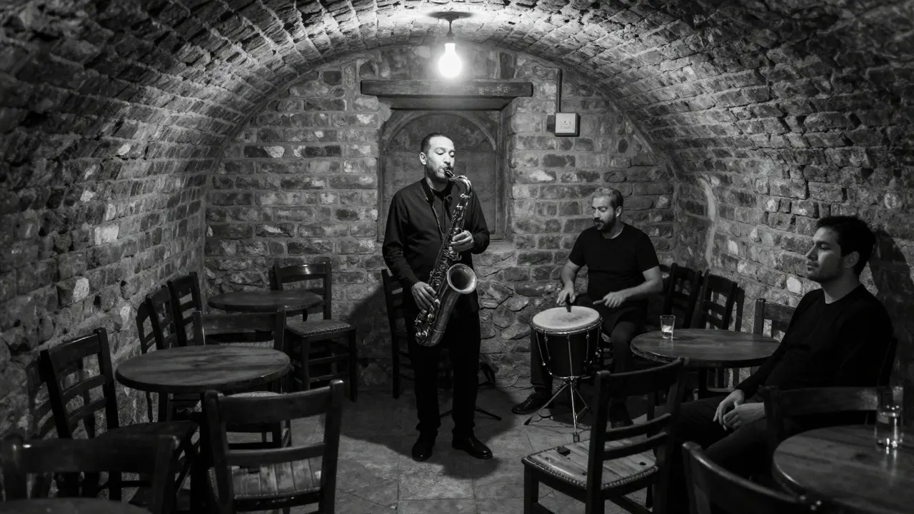 An intimate underground jazz cellar with brick walls and a saxophonist playing softly under a single hanging bulb.