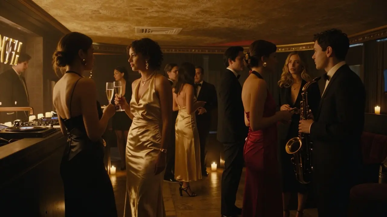 An upscale nightclub with golden lighting, elegant guests, and no loud lights or crowds—only refined quietness.