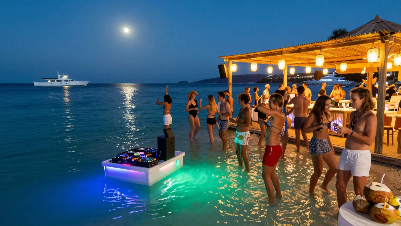 Beach club at night with people dancing in swimsuits under string lights and glowing water.