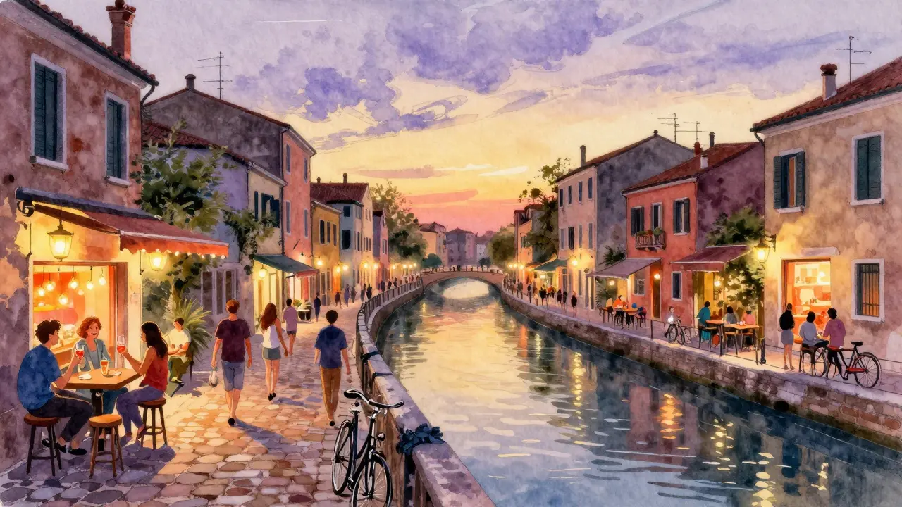 Colorful bars lining a canal at dusk, people socializing with drinks under string lights.