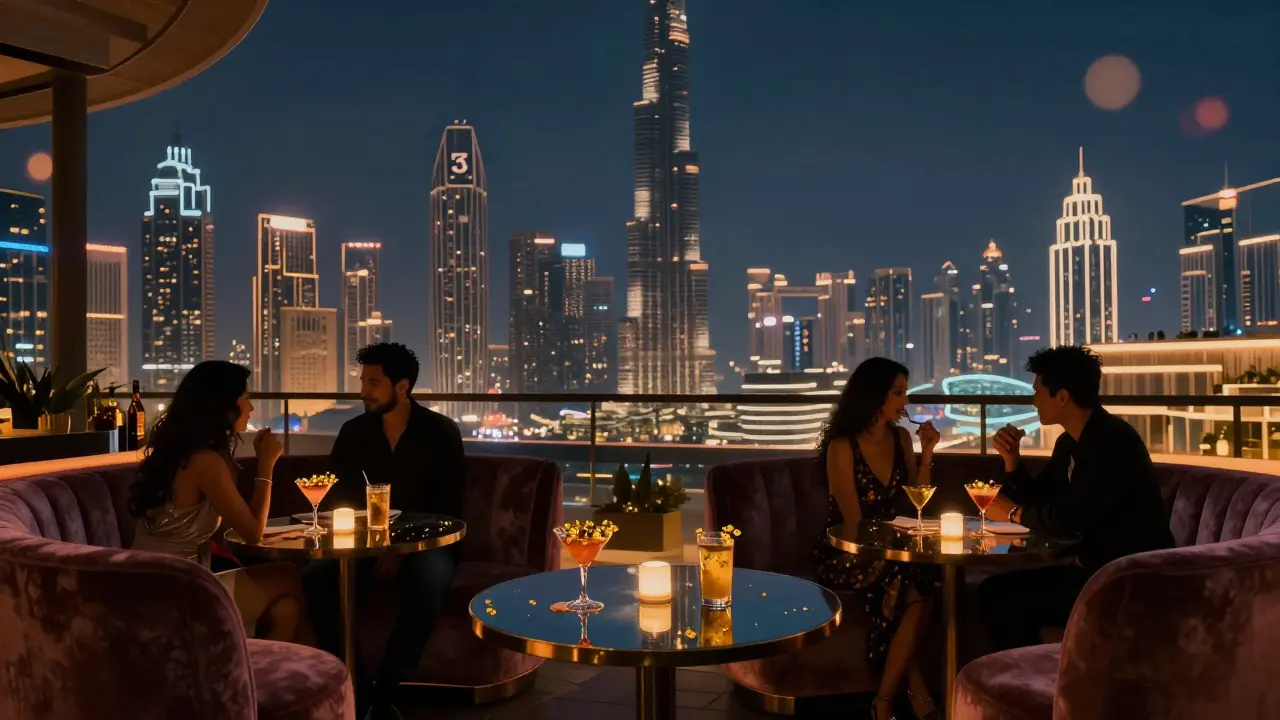 Couples enjoying cocktails at Level 43 rooftop bar with Dubai skyline in the background.