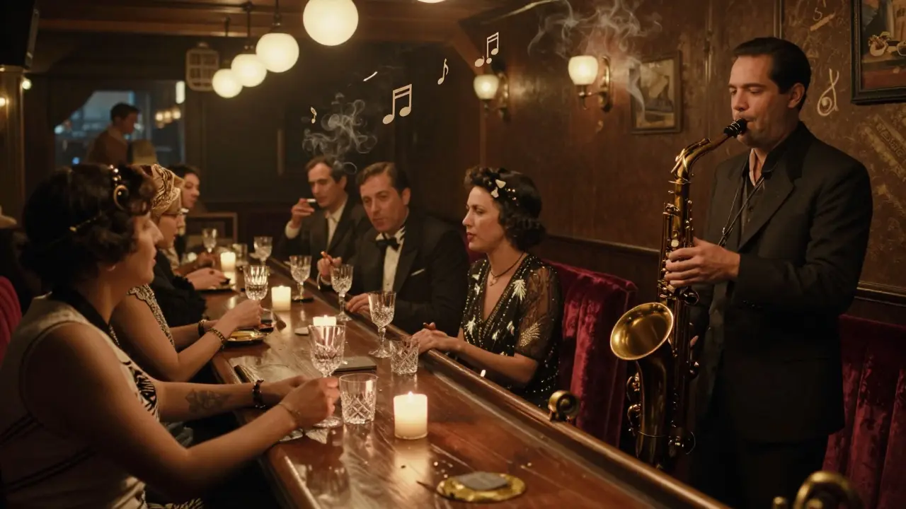 Cozy 1920s jazz bar with live musician, velvet booths, and soft candlelight casting warm glows.