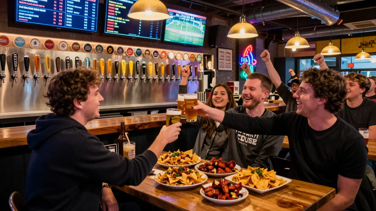 Craft beer bar with many taps and patrons celebrating a goal, surrounded by snacks and glowing score ticker.