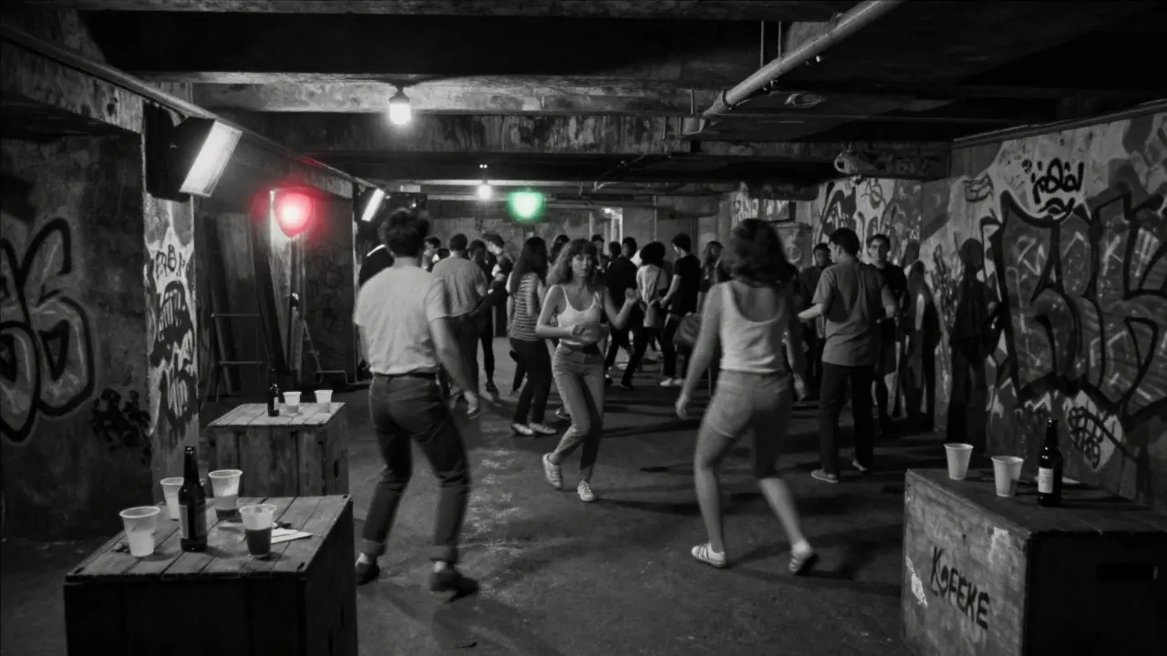 Crowd dancing in a dim underground club with graffiti walls and pulsing lights.
