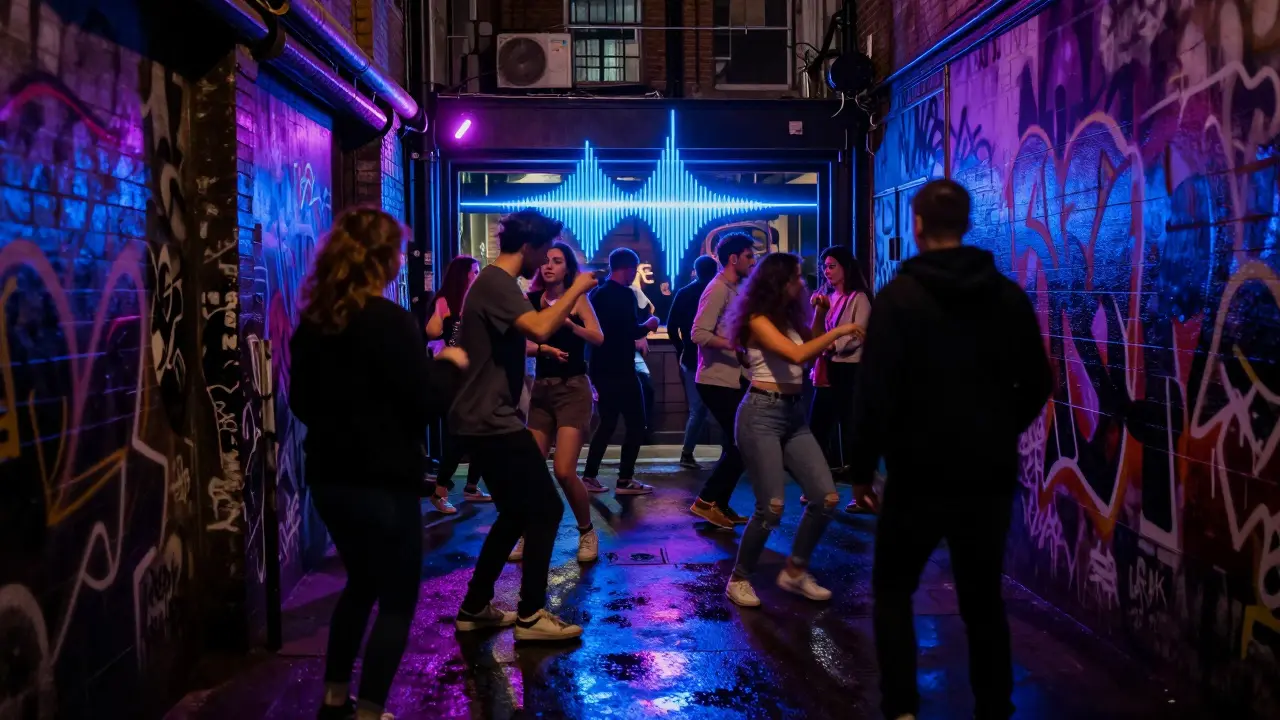 Crowd dancing in a hidden basement club in Shoreditch, neon lights reflecting off wet alley pavement.