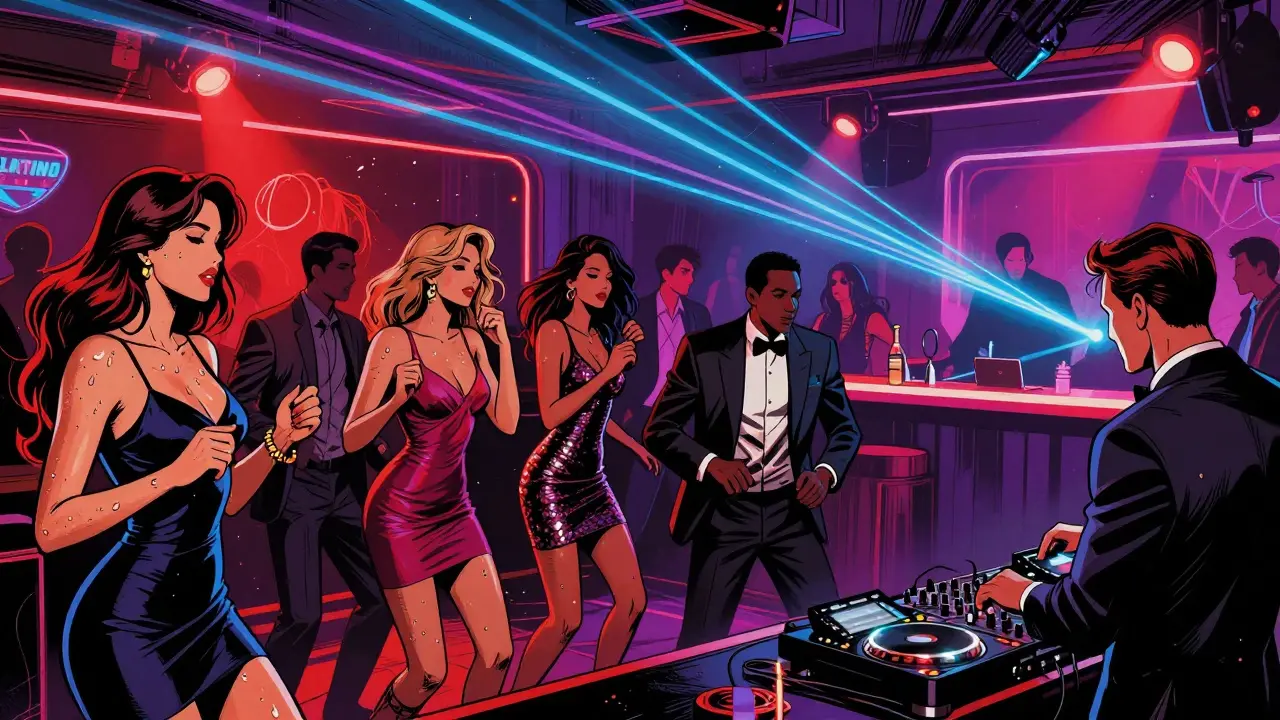 Crowd dancing under neon lights in Platino nightclub, vibrant and energetic with modern fashion and pulsing music.