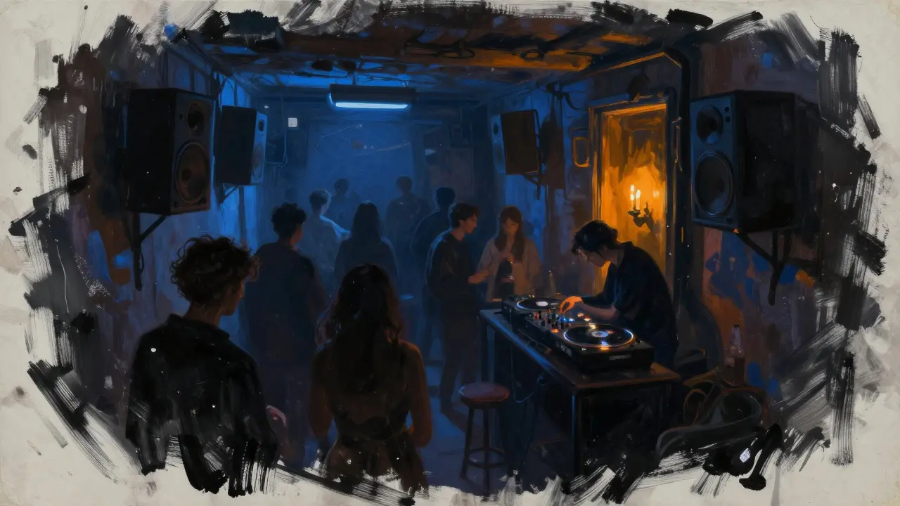 Dim underground club Arkaoda with candlelit interior and people dancing to live analog music in a hidden alley.