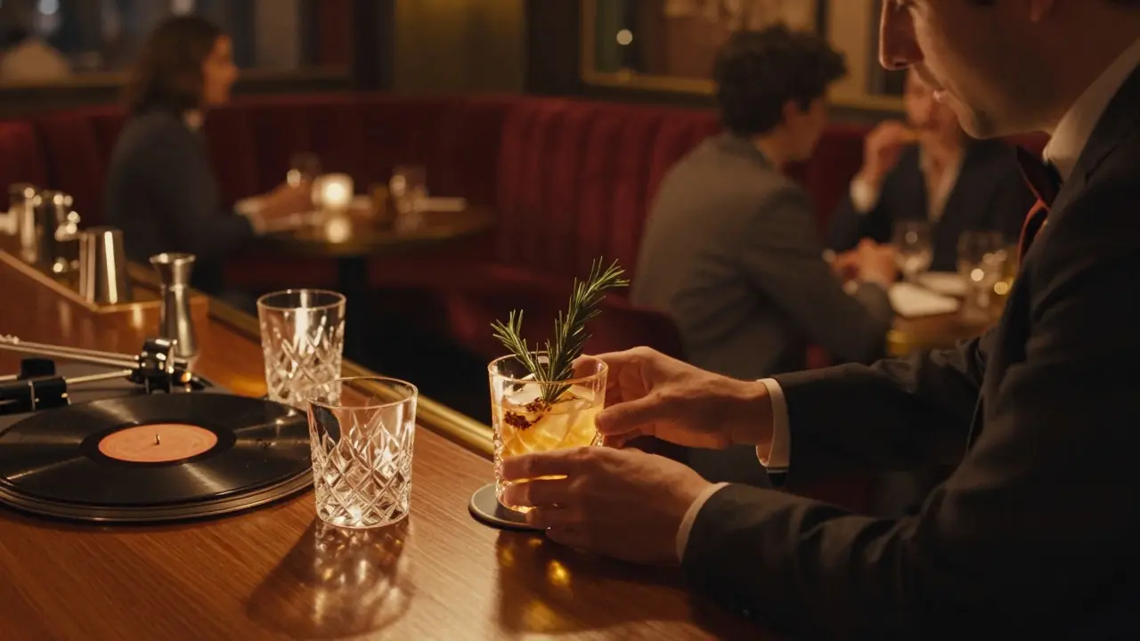 Elegant bar with dim lighting and cocktails being prepared in a velvet booth