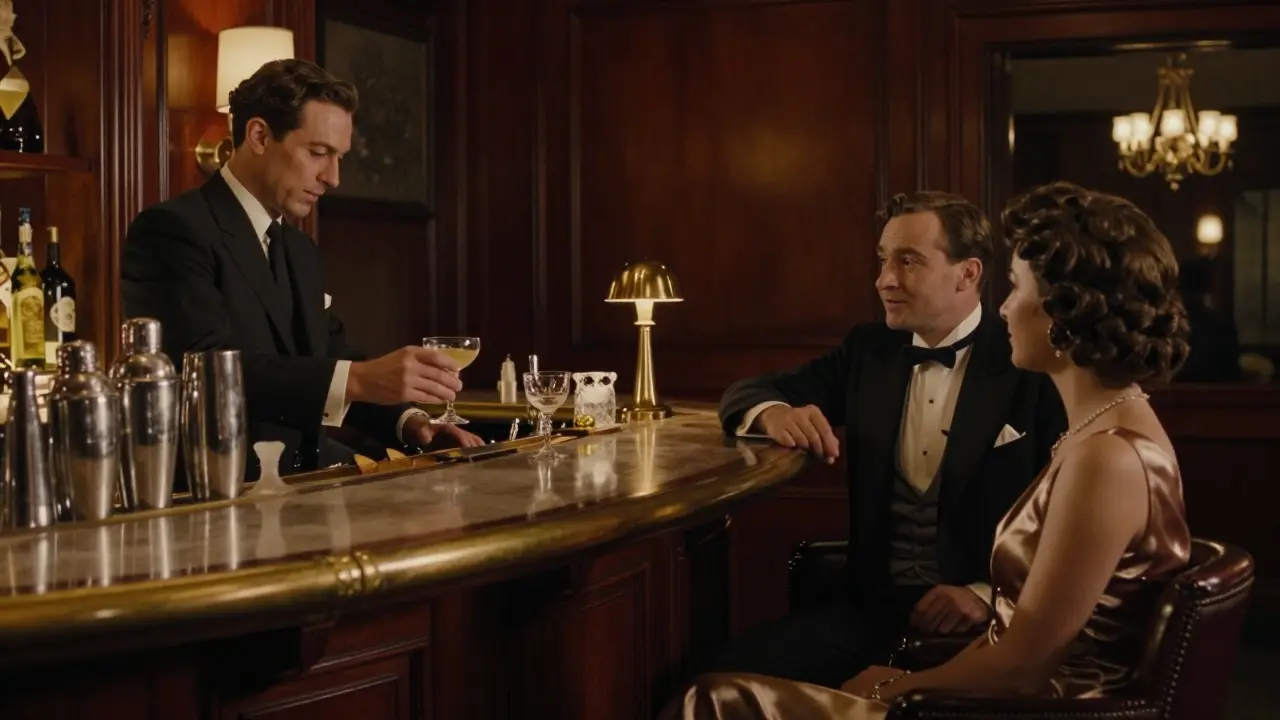 Elegant bar with mahogany panels and vintage cocktails, two well-dressed patrons in quiet conversation.