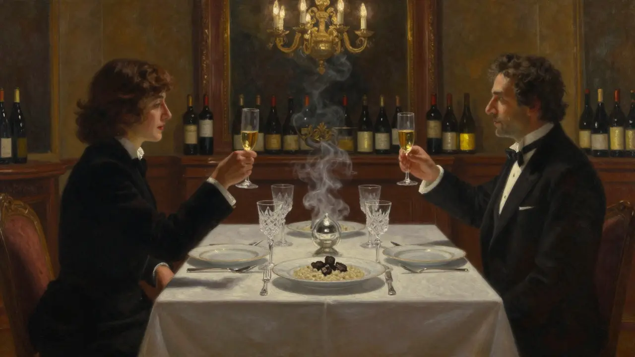 Elegant dinner at Le Louis XV with champagne flutes and fine dining in dim, luxurious lighting.