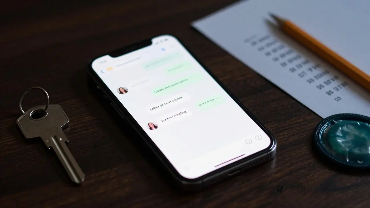 Encrypted messaging app on a smartphone showing coded phrases for discreet companionship, with personal items nearby.