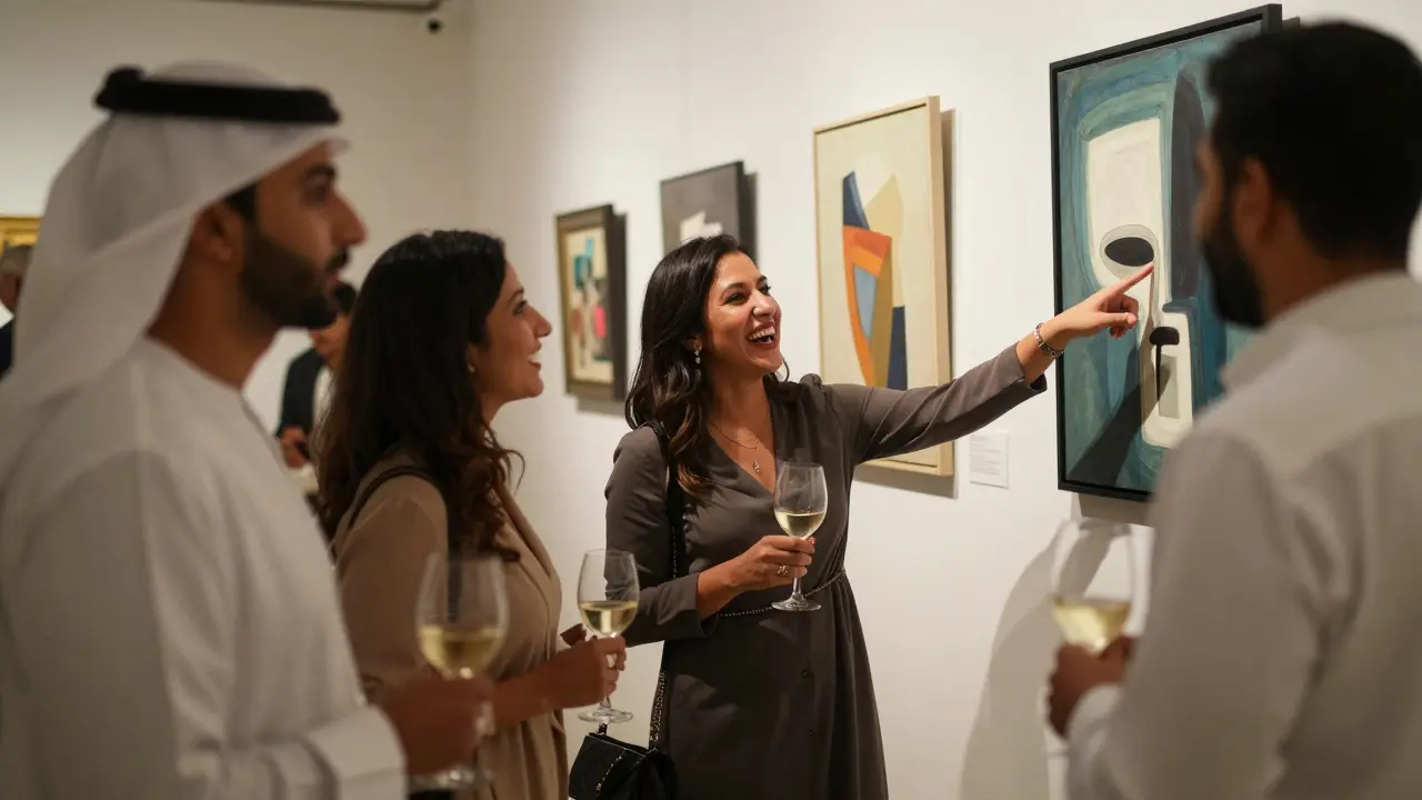 Expats and locals mingling at an art gallery opening in Abu Dhabi, enjoying culture and company.
