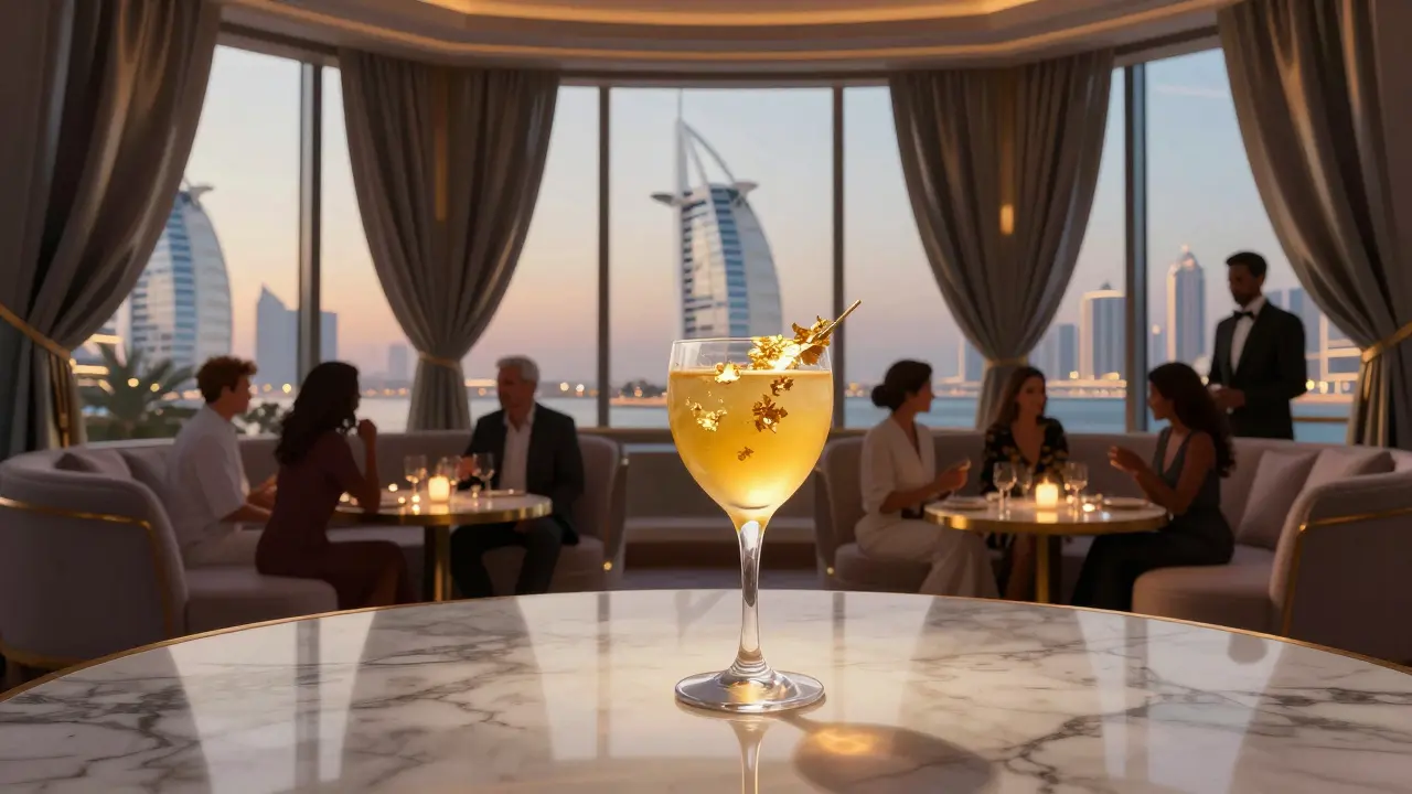 Golden Mirage cocktail with gold leaf in a luxurious penthouse lounge overlooking Dubai.