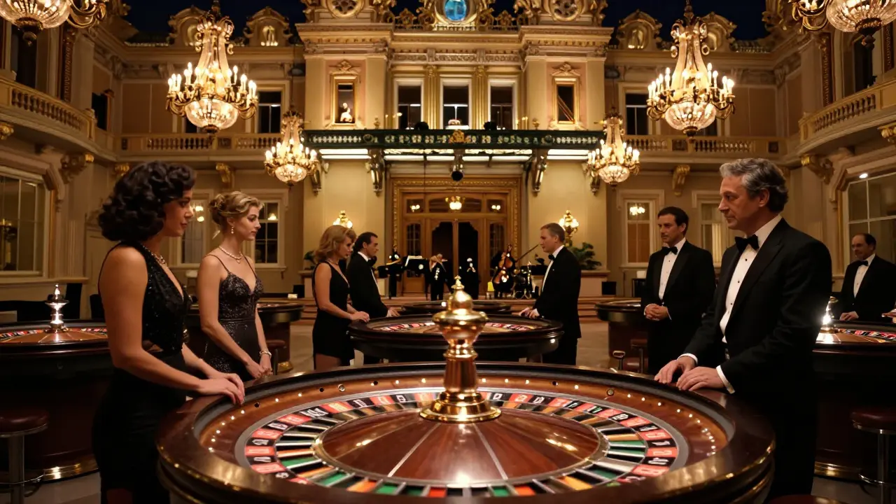 Grand Monte Carlo Casino ballroom with elegant guests around roulette tables under chandeliers.