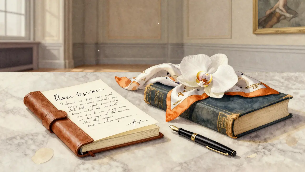 Handwritten note, pressed orchid, and silk scarf beside a book on a journal, evoking quiet remembrance.