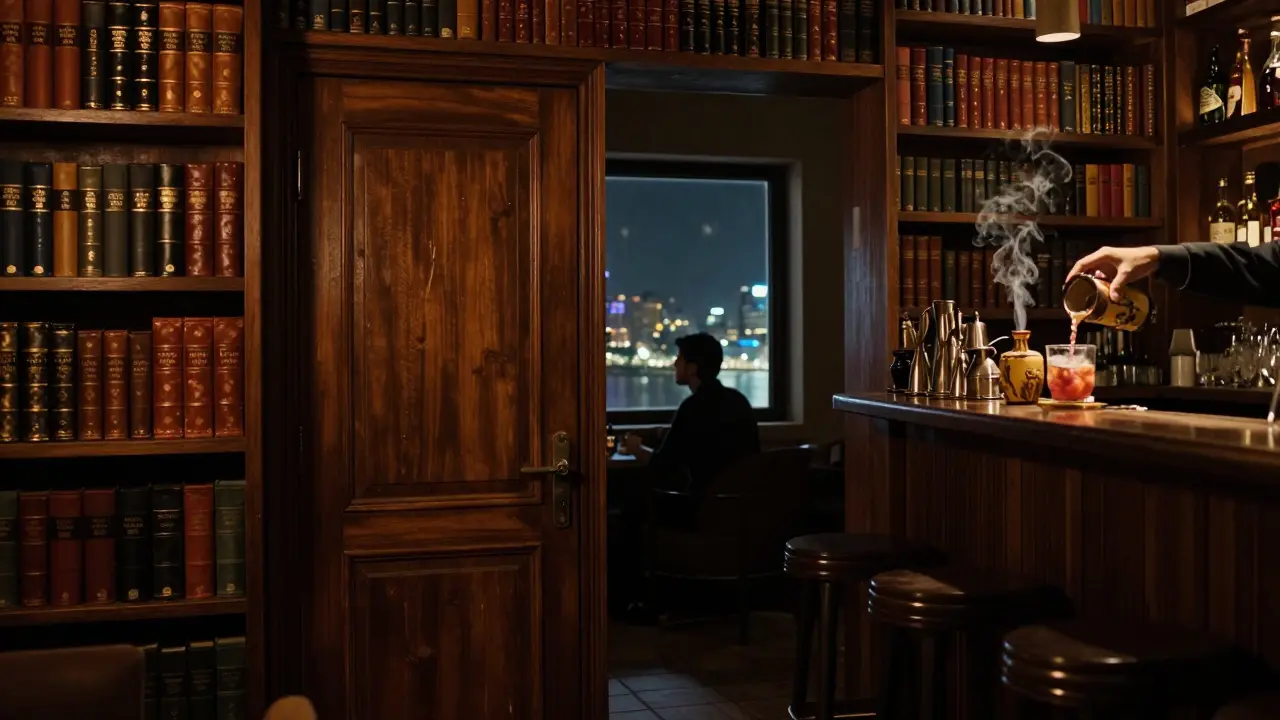 Hidden bookshelf bar with dim lamps and bartender pouring a smoky cocktail in quiet solitude.