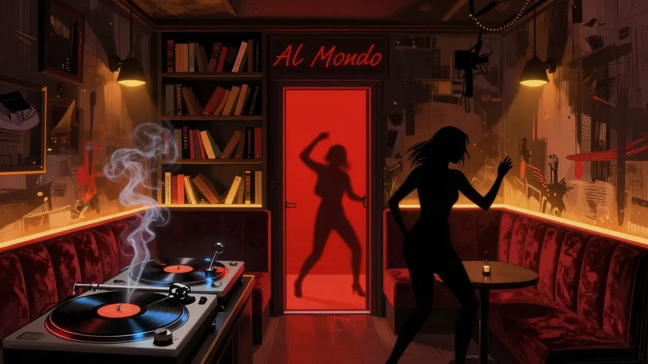 Hidden club behind a bookstore with dim lighting and dancers silhouetted in the doorway.