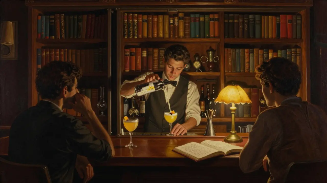 Hidden speakeasy bar The Library with warm lighting, a bartender preparing a unique cocktail among bookshelves and quiet patrons.