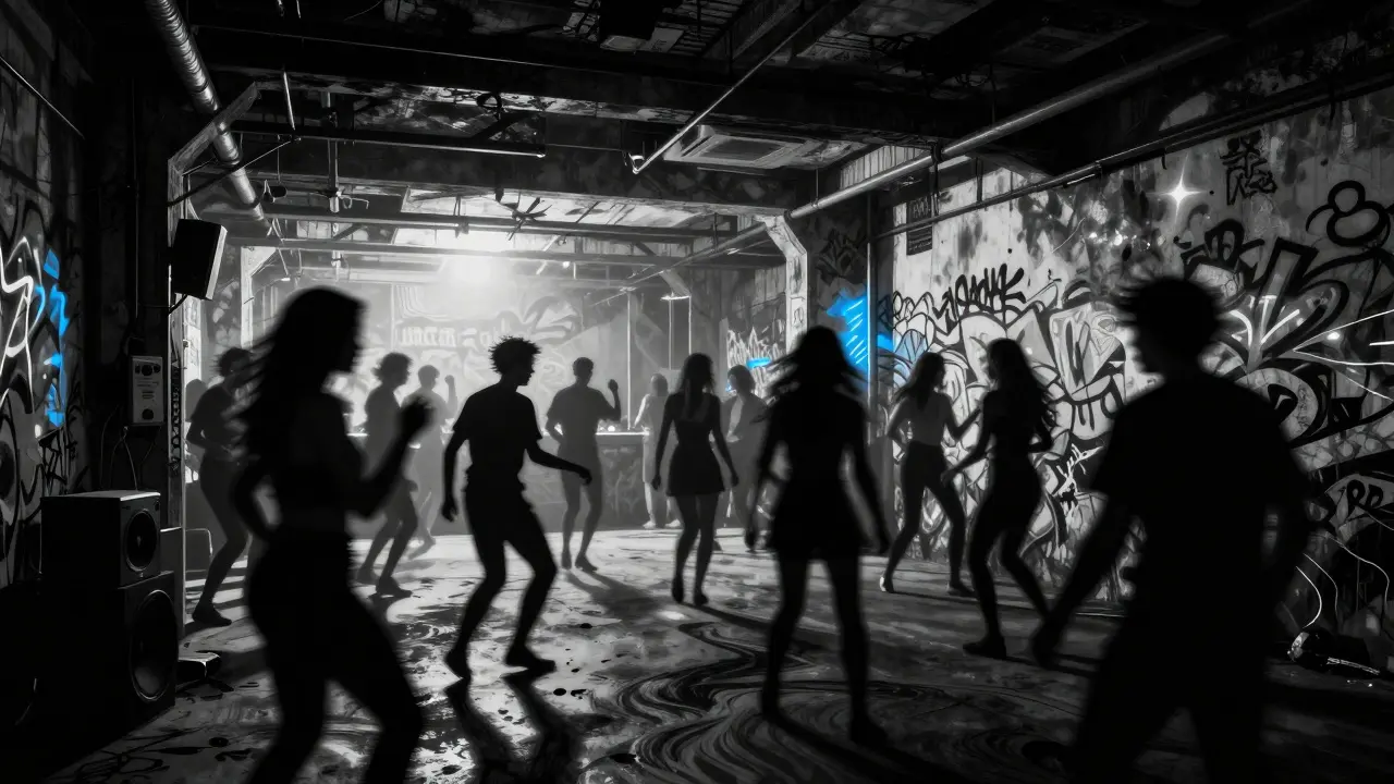 Hidden underground club entrance with dancers silhouetted against pulsing blue light.