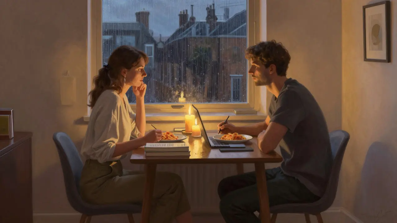 Intimate dinner scene in a London apartment with candlelight, pasta, and rain on the window.