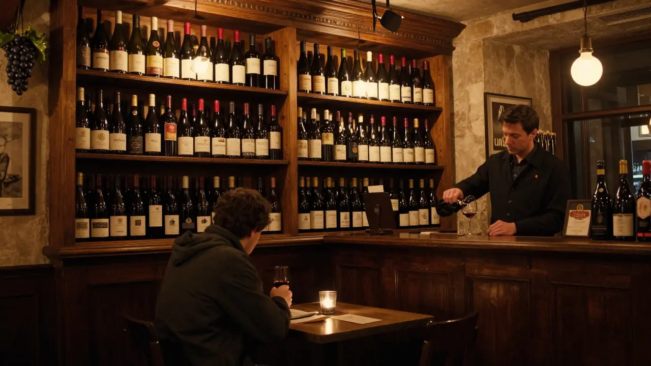Intimate wine bar with wooden shelves and a sommelier pouring wine for a solitary guest.