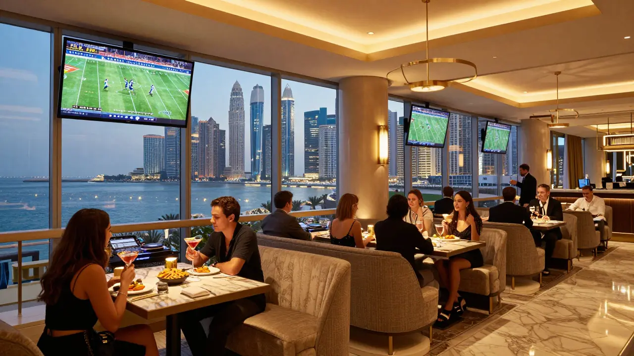 Luxurious sports bar with skyline views and large screens showing an NFL game, guests in elegant attire.