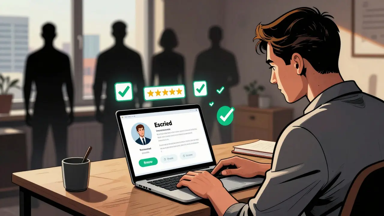 Man reviewing verified escort profile on laptop with safety badges, urban Berlin view behind.