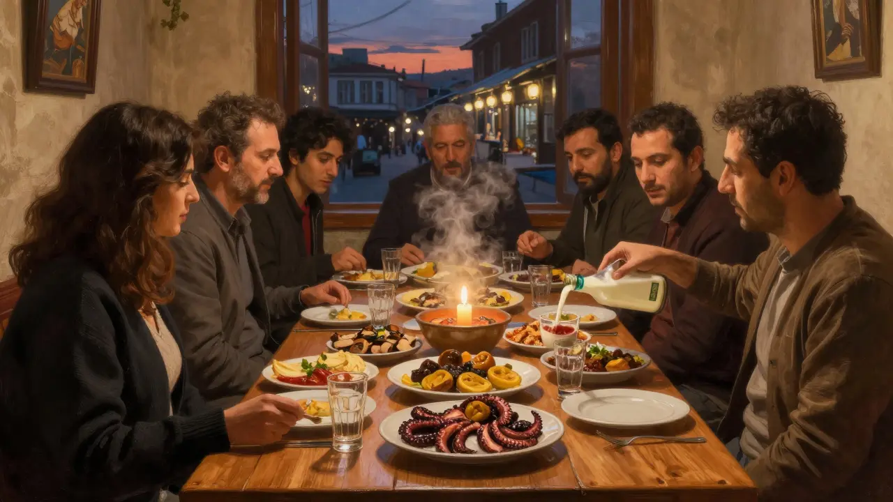 Midnight meze dinner at Çiya Sofrası with raki glasses, steaming dishes, and candlelit wooden table.