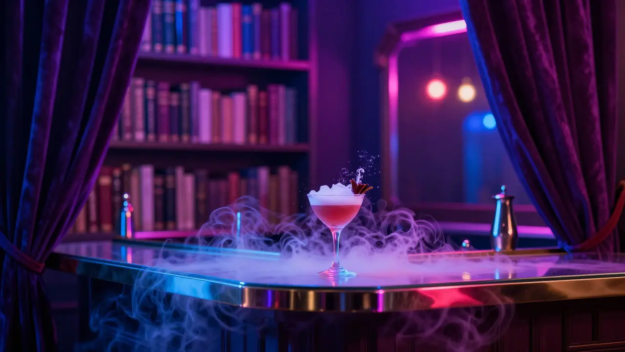 Neon-lit speakeasy with glowing books and smoky cocktails in dark interior.