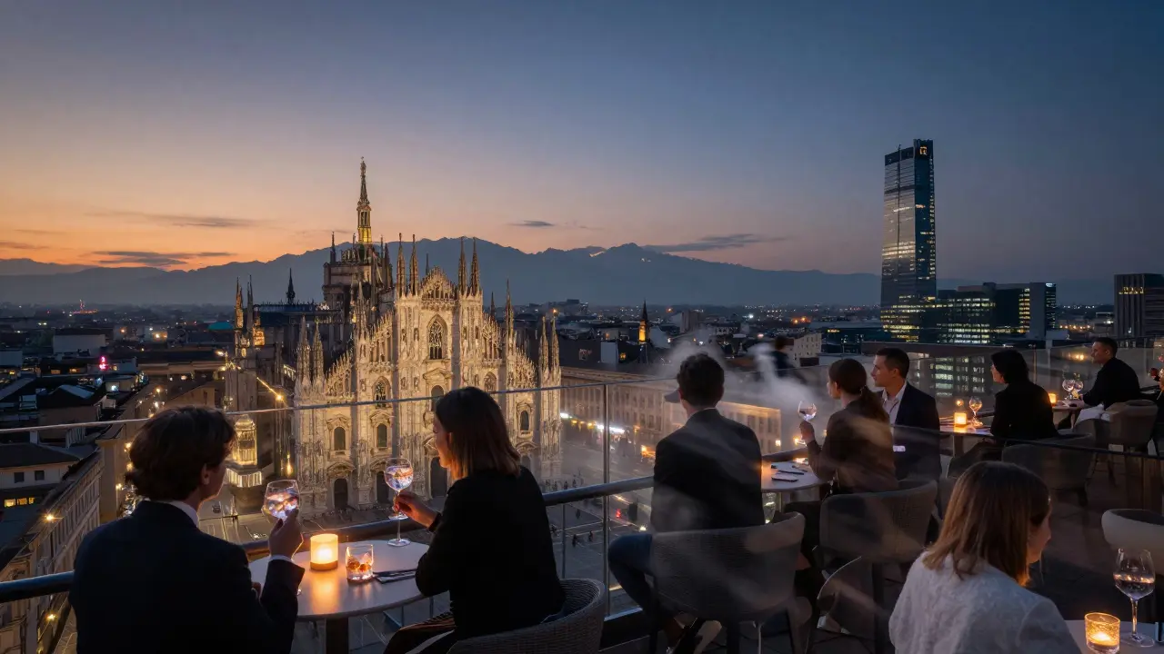 Panoramic rooftop view of Milan at night with elegant guests sipping drinks.