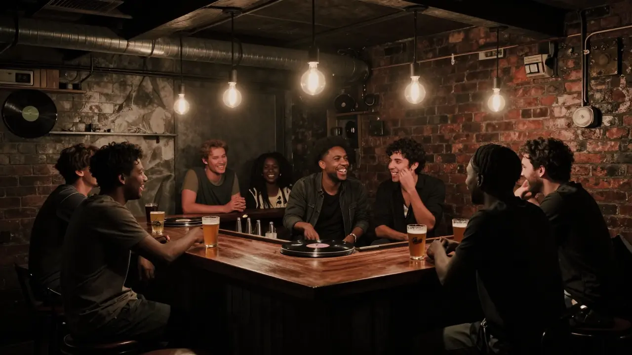 Patrons relaxing at The Waiting Room underground bar with vinyl records and industrial decor.