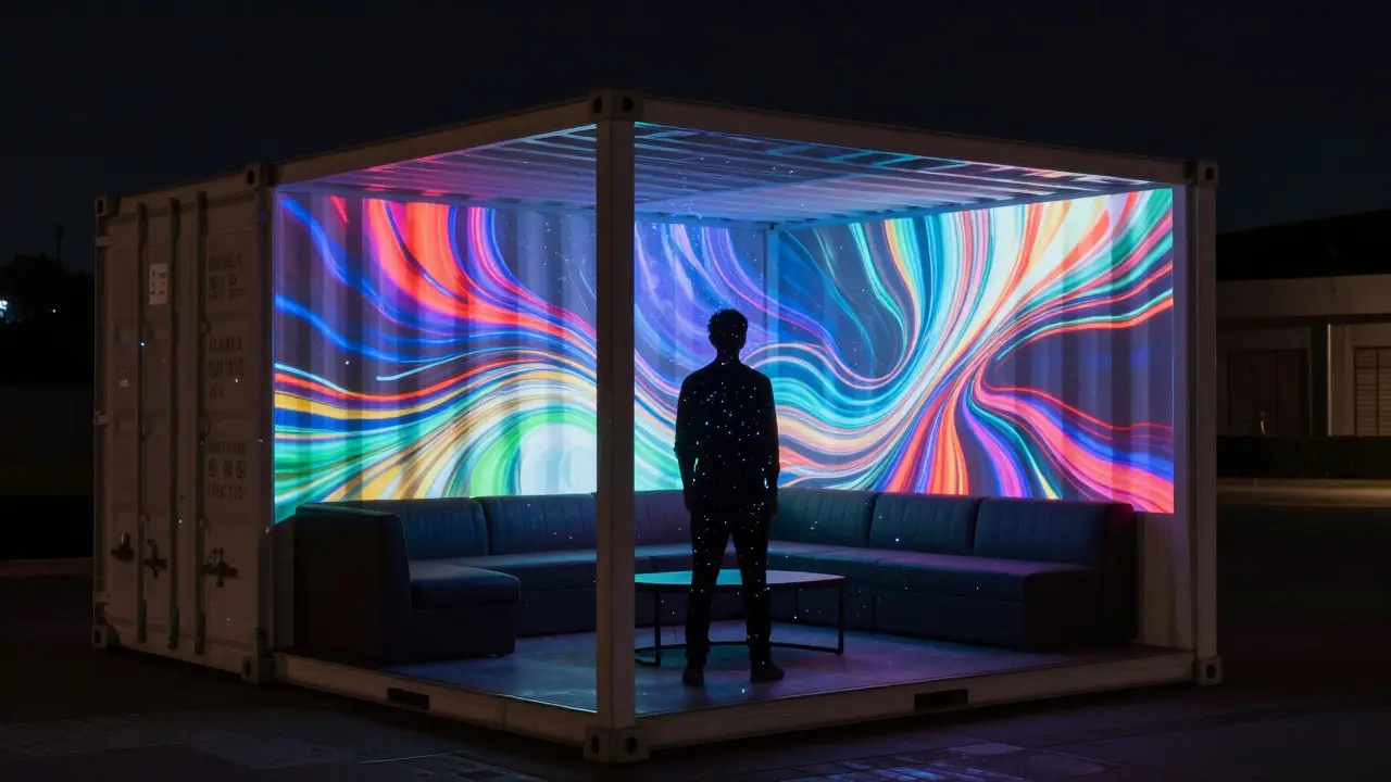 Person silhouetted inside a digital art-covered shipping container lounge.