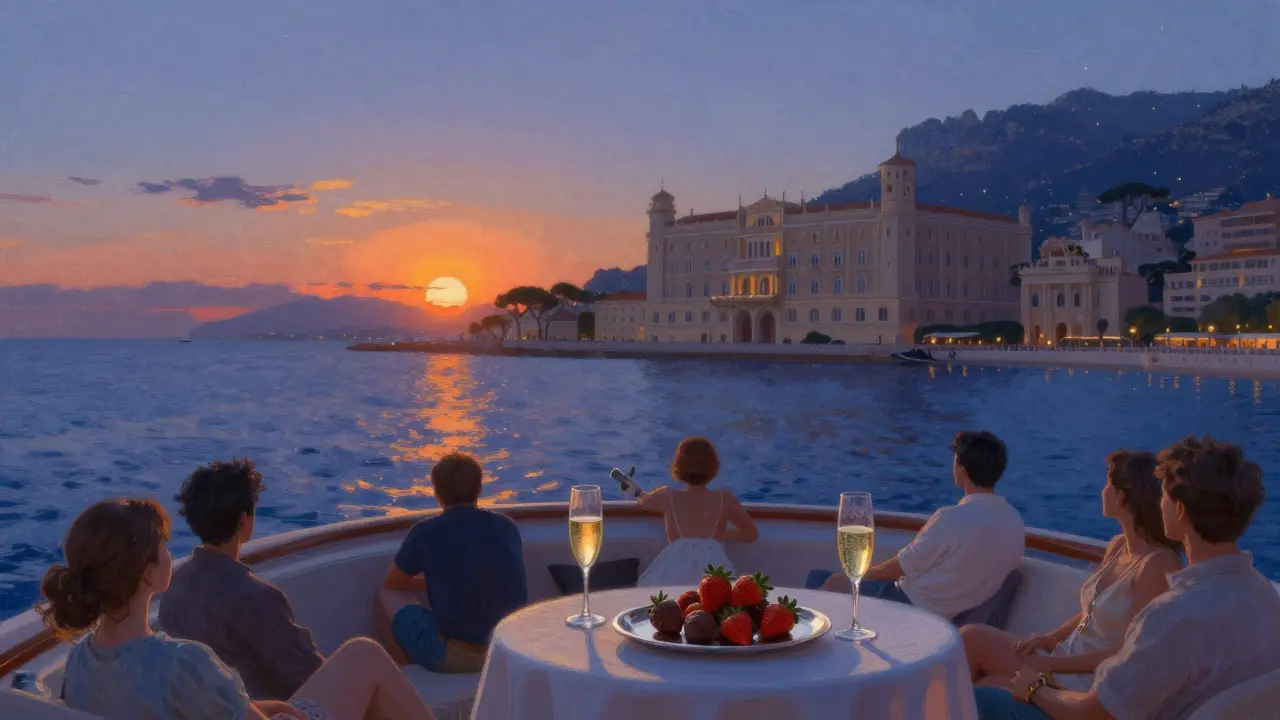 Private yacht at sunset off Monaco&#039;s coast, guests sipping champagne as the city lights begin to glow.
