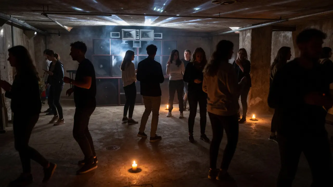 Raw underground techno party in Kadıköy, people dancing in dim strobe light on a concrete floor.