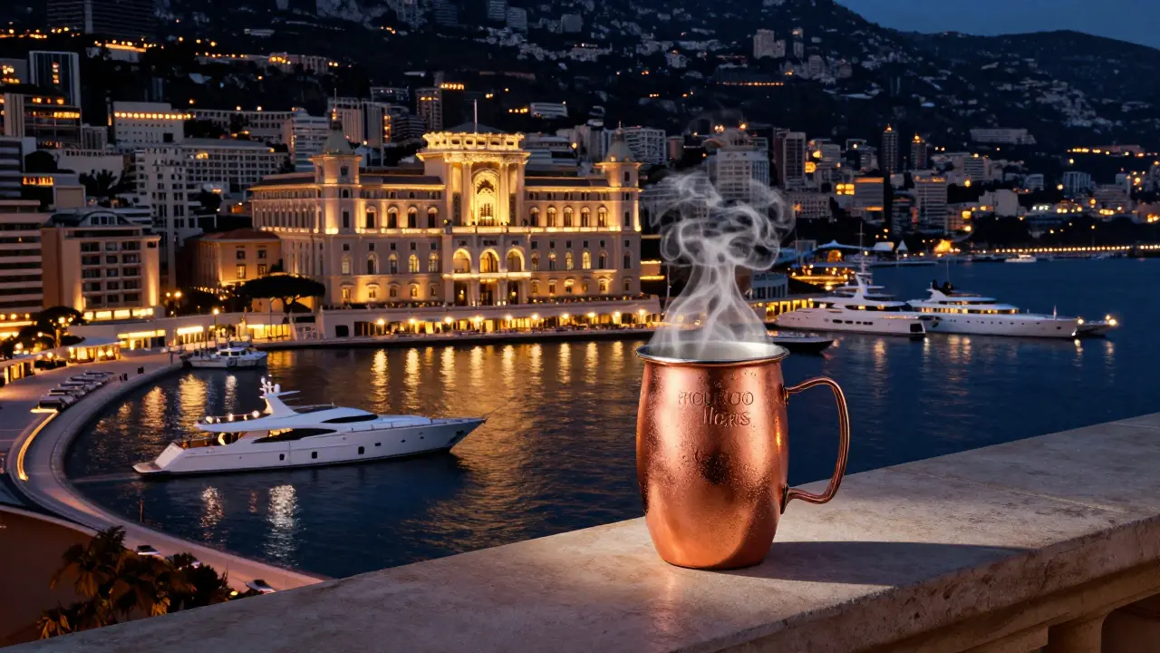 Rooftop cocktail with view of Monaco harbor and yacht at twilight under starlit sky.
