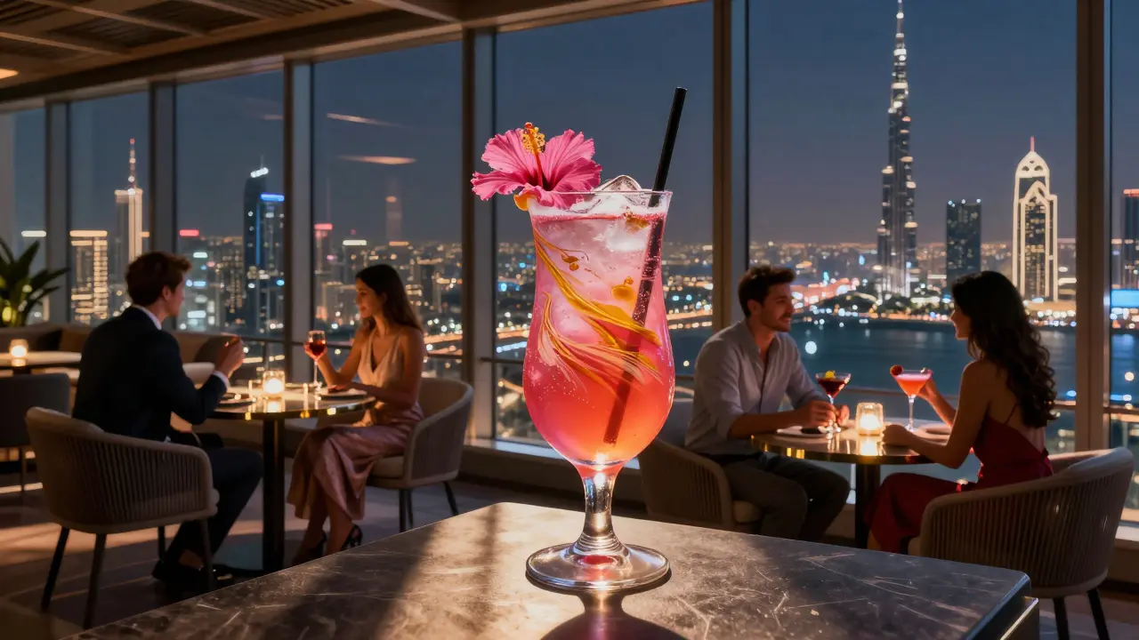 Rooftop lounge with city lights and couples sipping cocktails under soft lighting.