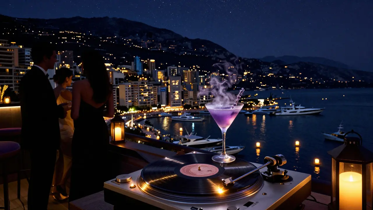 Rooftop terrace at night with city lights, yachts, and a vinyl record glowing softly under stars.