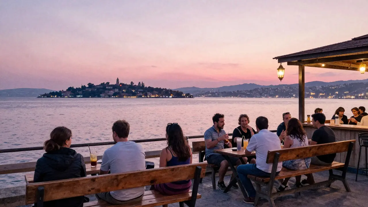 Serene Moda Beach Bar at sunset with locals on wooden benches overlooking the calm Bosphorus and islands.