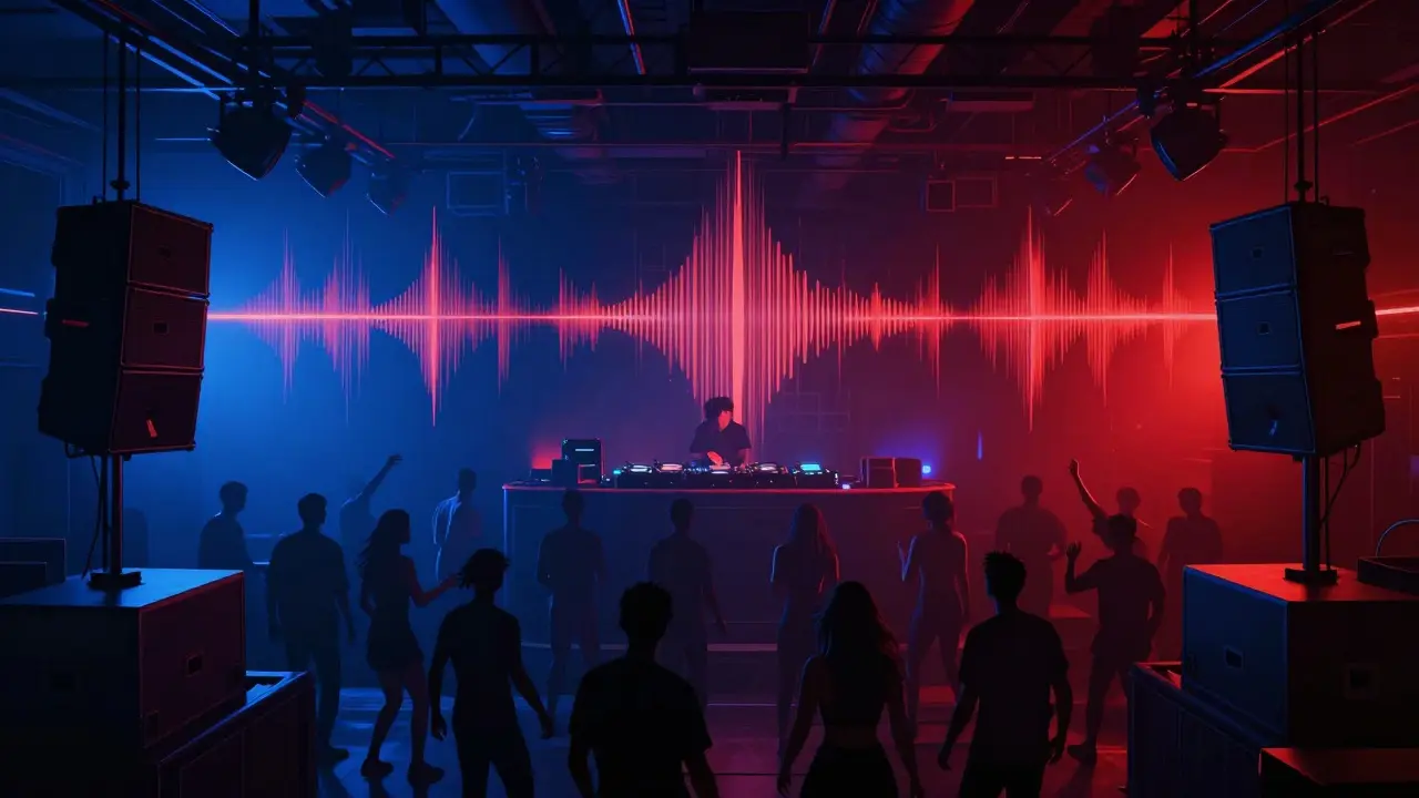 Silhouetted dancers in a massive nightclub with powerful bass lighting and speaker stacks