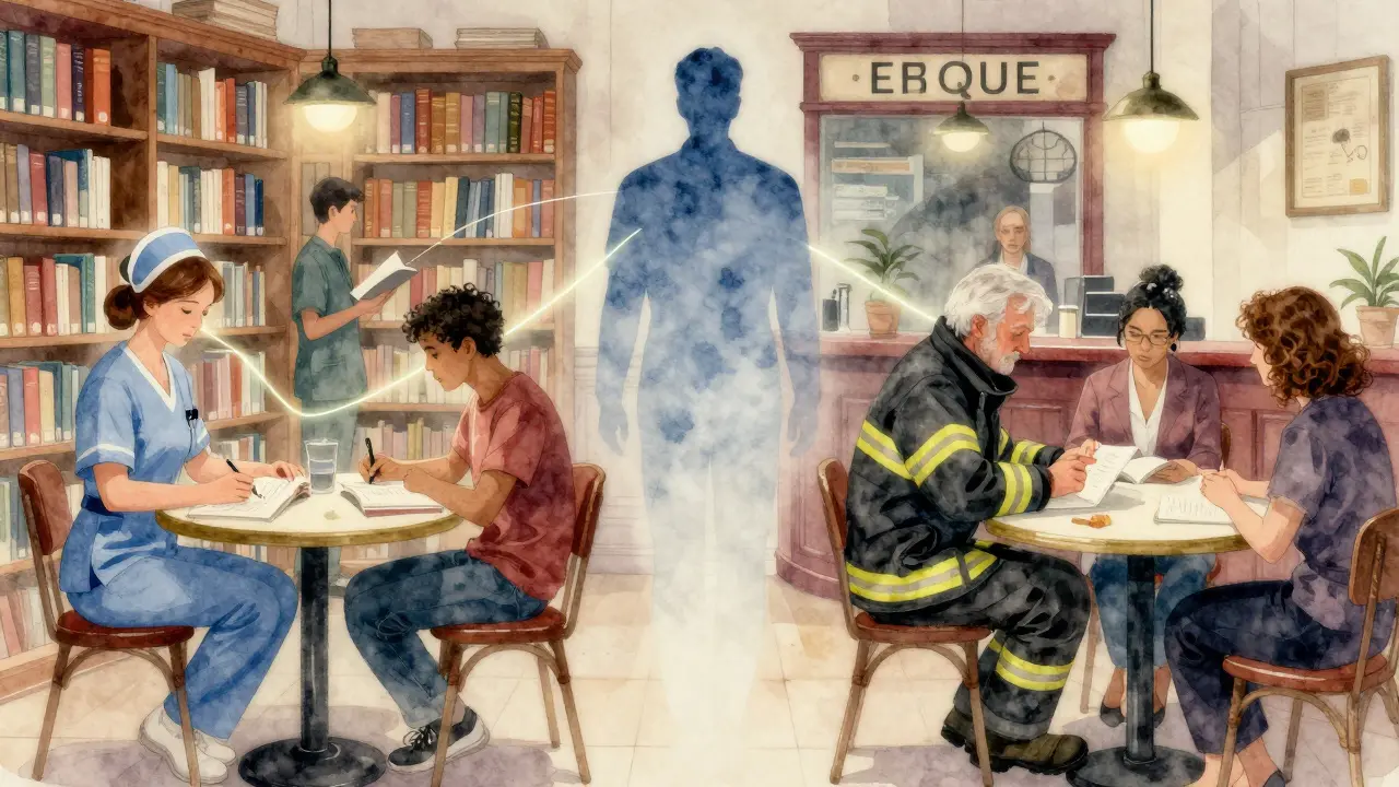 Silhouetted figures of everyday Londoners connected by invisible threads to a hidden companion, rendered in soft watercolor.