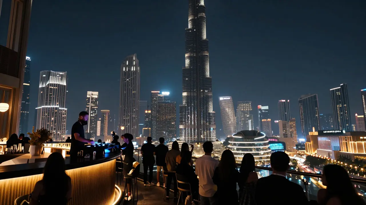Skyview Bar on 52nd floor with Burj Khalifa lit up at night, crowd silhouetted against city lights.