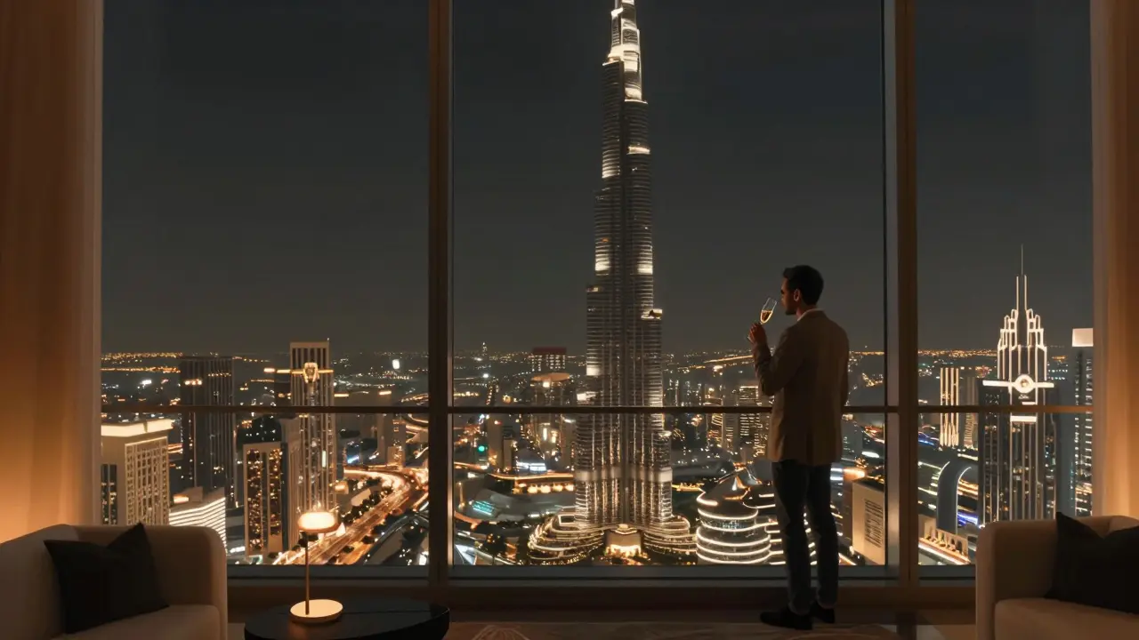 Sole figure enjoying champagne at At.mosphere lounge high above Dubai’s glittering city lights.