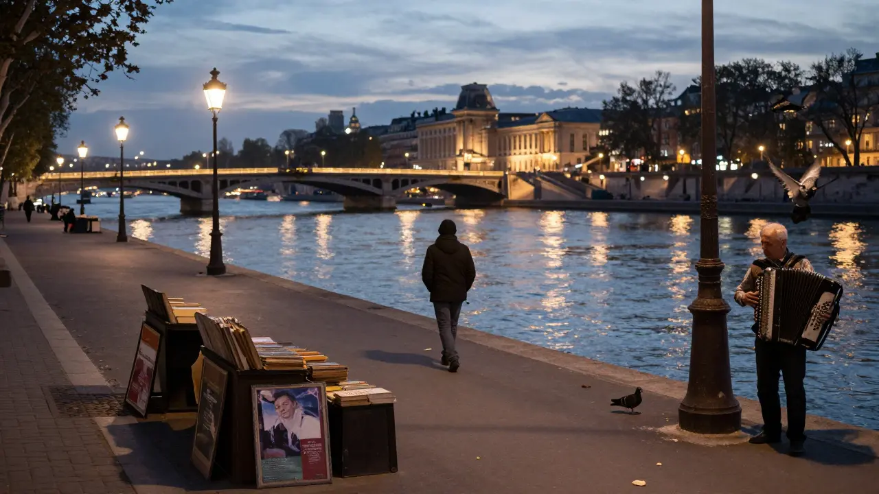 Solitary walker along the Seine at dawn, bookstalls and accordion player under bridge lights.
